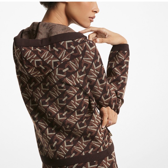 New🤎Michael Kors Brown Empire Signature Logo Jacquard Zip-Up Hoodie - Picture 2 of 2
